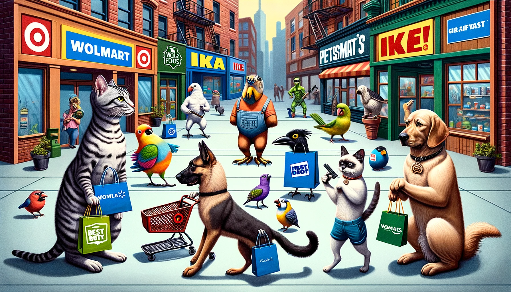 DALL·E 2023-12-23 18.21.23 - In an alternate, humorous reality, an urban street scene where cats, birds, and dogs represent various real stores, but they amusingly don't get along